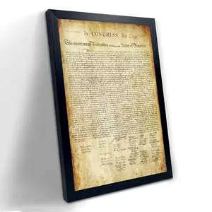 Small 8x12 inch framed vintage Declaration of Independence poster in black plastic frame