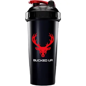 Bucked Up black shaker bottle with red buck logo