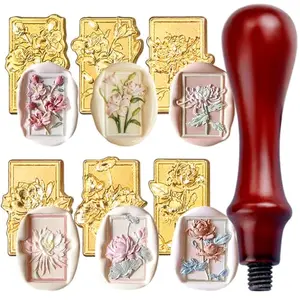 Yajuo floral wax seal stamp kit with six flower heads and red wooden handle
