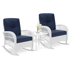 VIVIJASON white wicker rocking chairs with navy blue cushions and glass table