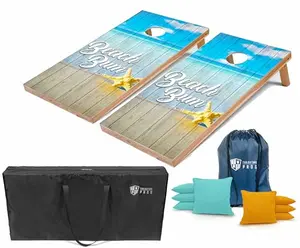 Tailgating Pros Beach Bum cornhole boards with a wood finish on sand, including carry case and bean bags
