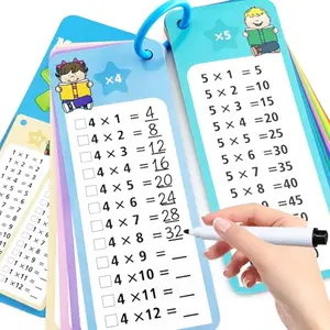 Anemeeoke flash cards laid out showing multiplication problems with dry-erase markers