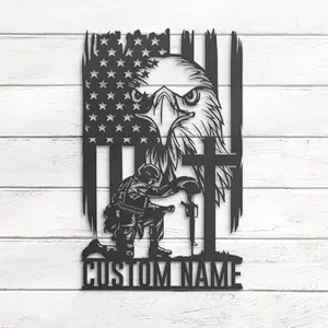 DINOMAN metal sign with soldier kneeling at cross and American flag