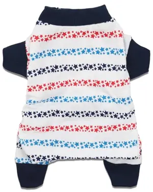 Small dog wearing patriotic pajamas with star pattern indoors
