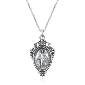 Miraculous medal sterling silver necklace with floral border