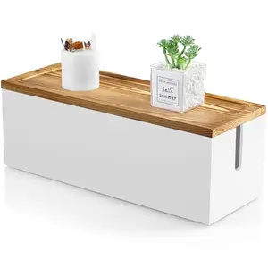 Bivvclaz large cable management box in white with rustic wood lid and anti-slip pads