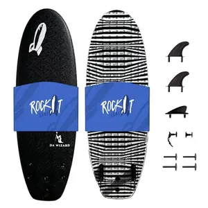 Black Rock-It DA Wizard soft top surfboard with zebra striped bottom and thruster fin setup