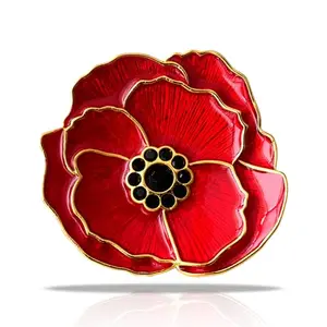 Red poppy brooch pin with black rhinestone center, a respectful tribute for veterans