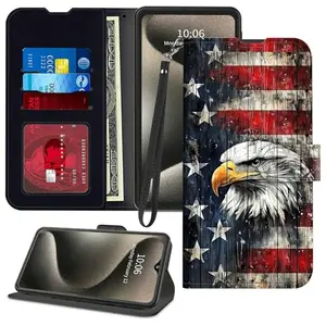 GFRGTFHYT iPhone 16 flip wallet case with USA flag eagle design, RFID blocking, and detachable wrist strap