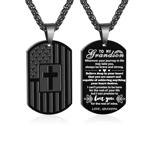 Silver stainless steel dog tag necklace with American flag and inspirational engraving