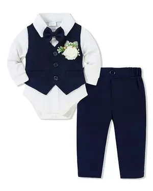Navy 5-piece baby suit by SANMIO with vest, shirt, bow tie, corsage, and pants