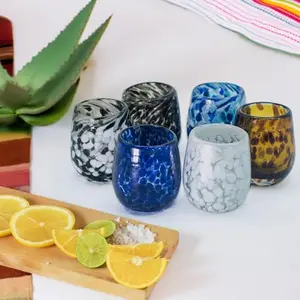 Set of six hand-blown mezcal glasses with a smoky gray finish