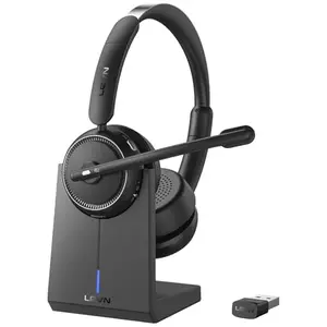 LEVN wireless headset with noise-cancelling microphone, charging base, and USB dongle for office work