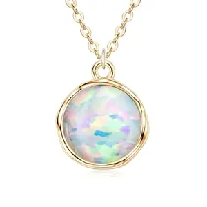 YUNKAI Round Opal Necklace with gold plated sterling silver chain