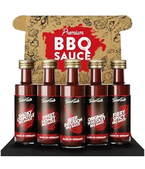 Timber Taste BBQ sauce sampler set with five small bottles in gift-ready packaging