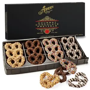 Asher's Chocolates pretzel gift box with milk and dark chocolate covered pretzels