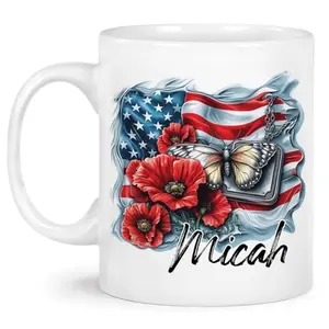 Best Family Gifts personalized military coffee mug with poppy and butterfly design and American flag