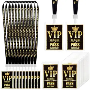50 sets of clear plastic badge holders with black lanyards and VIP cards