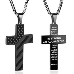AMAZINGSUN stainless steel American flag cross necklace with Joshua 1:9 Bible verse on pendant