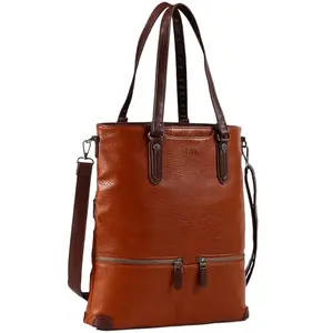 Vertical laptop tote with front phone pouch and gold-tone clasp