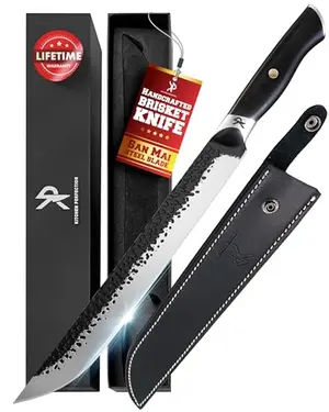 Kitchen Perfection 12-inch handmade San Mai steel brisket knife with G10 handle and leather sheath