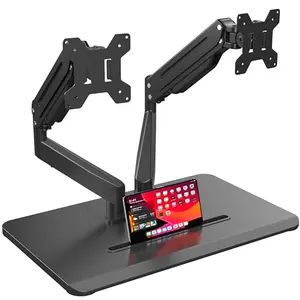SUPTEK dual monitor gas spring stand with wooden base and built-in storage slot