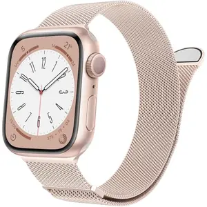 MARGE PLUS starlight stainless steel mesh Apple Watch band with magnetic clasp on a dark surface