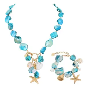 A matching set of a choker necklace and bracelet featuring natural shell, irregular mother of pearl beads, and a turquoise starfish pendant.
