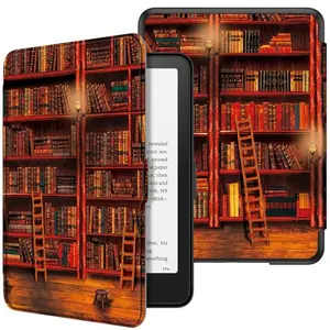 Fintie slim Kindle Paperwhite case with vintage library design, showing magnetic closure and light weight