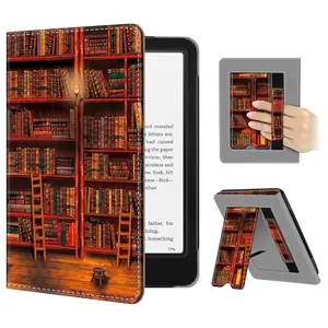 Fintie stand case for Kindle Paperwhite with library design, showing built-in stand and card slot