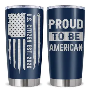 Stainless steel 20oz tumbler with American flag design and sliding lid