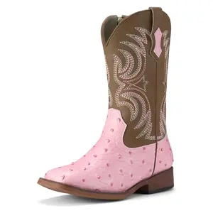 Rollda boys ostrich print brown cowboy boots with zipper