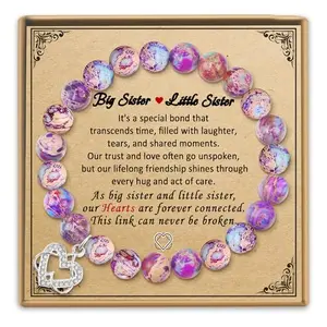 Purple imperial stone double heart sister bracelet on elastic cord