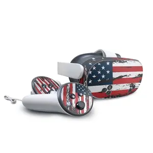 MightySkins Tattered Flag skin applied on a Meta Quest 3S headset, showing a distressed American flag wrap