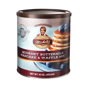 Michele's Gourmet Pancake Mix box with mini pancakes and syrup