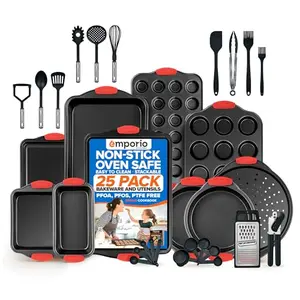 Emporio Kitchen 25-piece nonstick carbon steel bakeware set with red silicone handles
