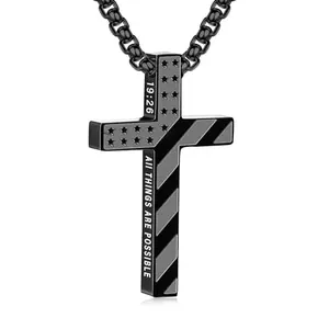 Lydow black stainless steel cross necklace with American flag design and Bible verse engraving