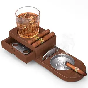 Black wooden cigar ashtray with whiskey glass holder and dual cigar rests