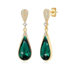 14k gold plated teardrop earrings with emerald Austrian crystal, elegant and delicate