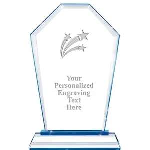 Crown Awards crystal trophy with three stars and blue base