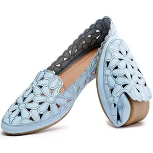 HEAWISH Women's Floral Ballet Flats in light blue with flower cutout pattern