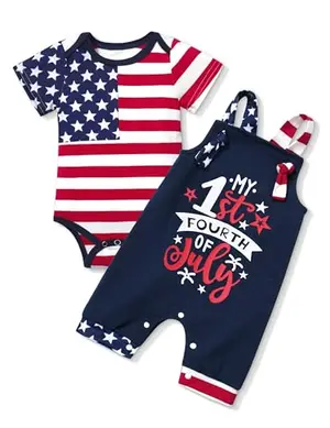 Baby boy wearing MIGU 'My 1st Fourth of July' t-shirt and navy overall romper set