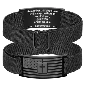 Zocomi black American flag cross bracelet on nylon band with Bible verse engraved