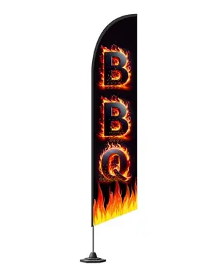 Tall BBQ feather flag waving near outdoor kitchen
