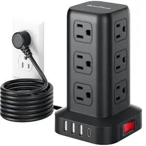 AnnTane power strip tower with USB-C and surge protection on white background
