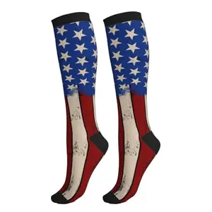 Yealedee red white and blue star patterned compression socks on feet