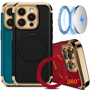 COOLQO 360 spin stand case for iPhone 15 Pro Max with black gold frame and rotatable stand