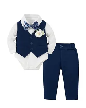 Coco&RARA navy baby tuxedo set with shirt, vest, bow tie, corsage, and pants