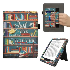 kwmobile Kindle case with multicolor bookcase motif, showing stand, strap, and card slot