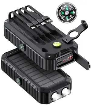 QiSa 40000mAh black solar power bank with hand crank and built-in cables
